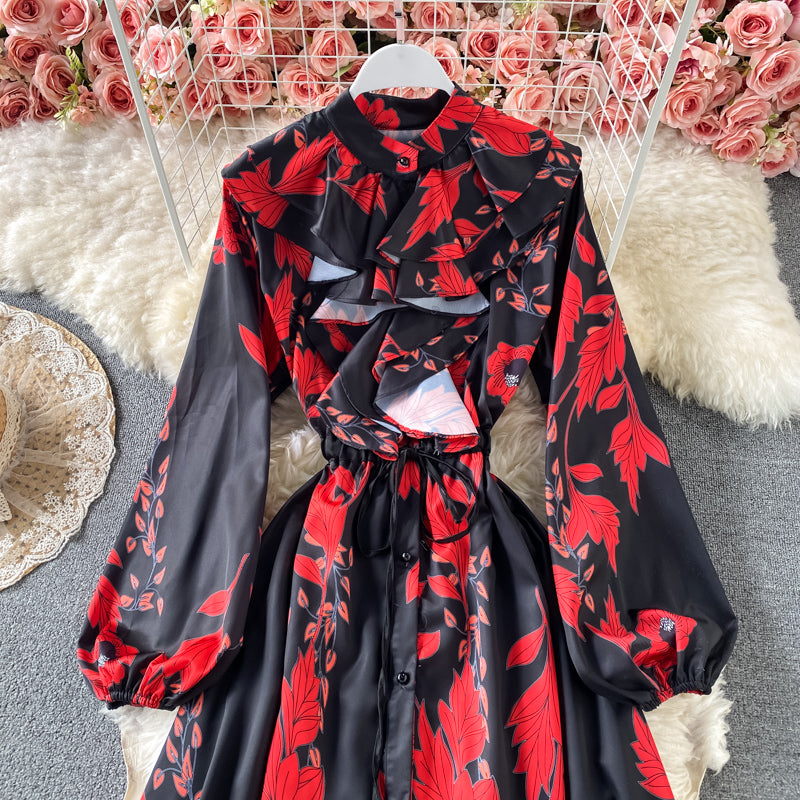 Slim and slim, lotus leaf border, waist closed and large swing A-shaped skirt 2967