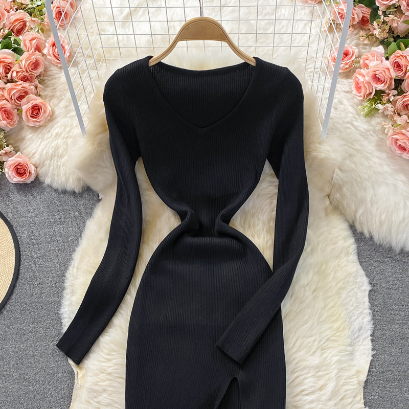 Tight elastic knitted skirt waist closing temperament split dress 2858