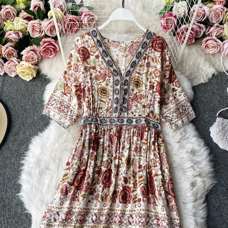 Ruffle floral dress big skirt holiday gentle wind long skirt 3141