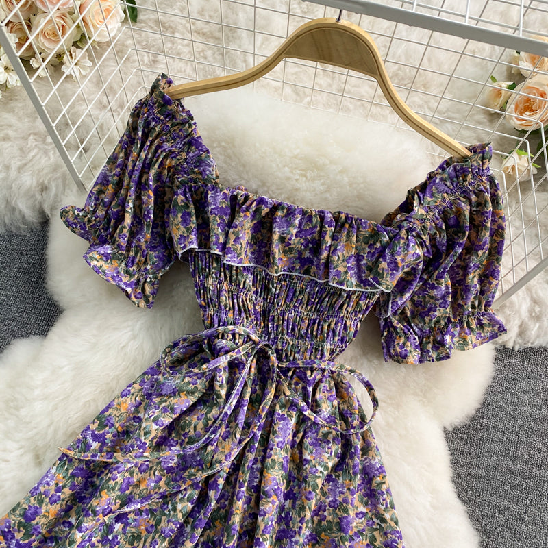 Slim waist with square neck bubble sleeve Floral Dress 3317