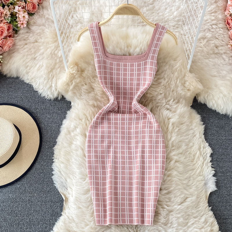 Suspender skirt shows thin ice silk knitted Plaid Hip Wrap Dress 2756