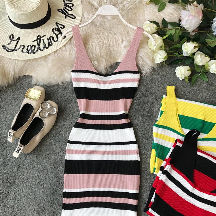 Contrast stripe V-neck vest skirt slim fit Hip Wrap Dress 3276