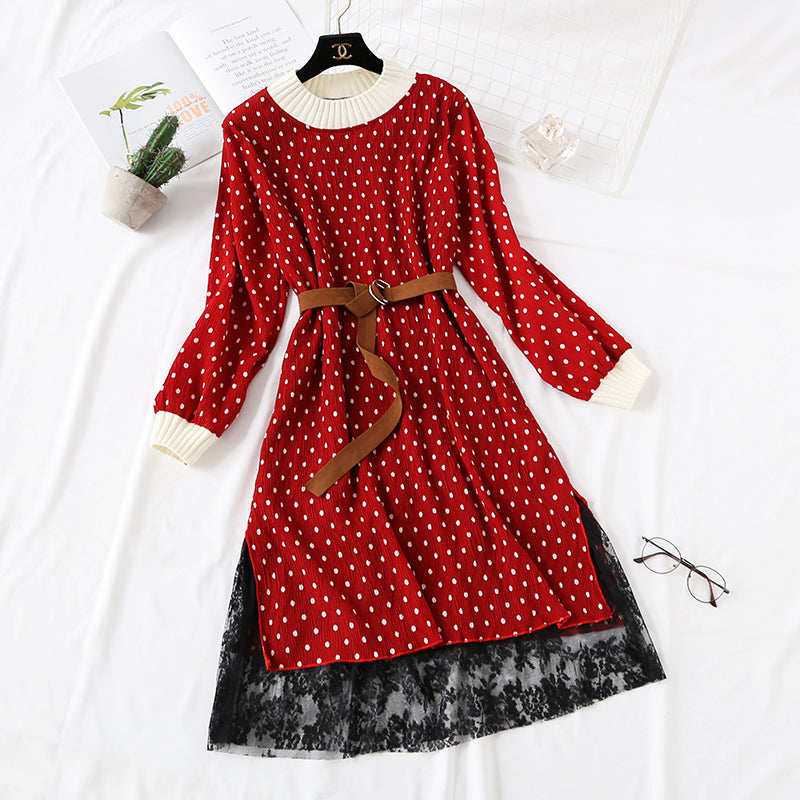 Polka Dot Plaid floral long skirt with lace bottom skirt is thin and tall 2460