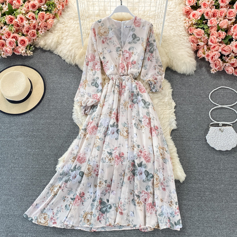 Long sleeve Vintage V-neck Floral Chiffon Dress 3322