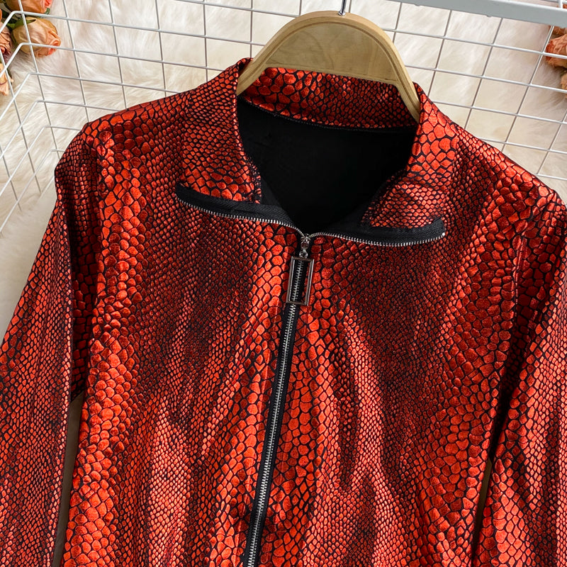 Manteau ample décontracté à col montant et fermeture éclair à imprimé léopard coréen 1678