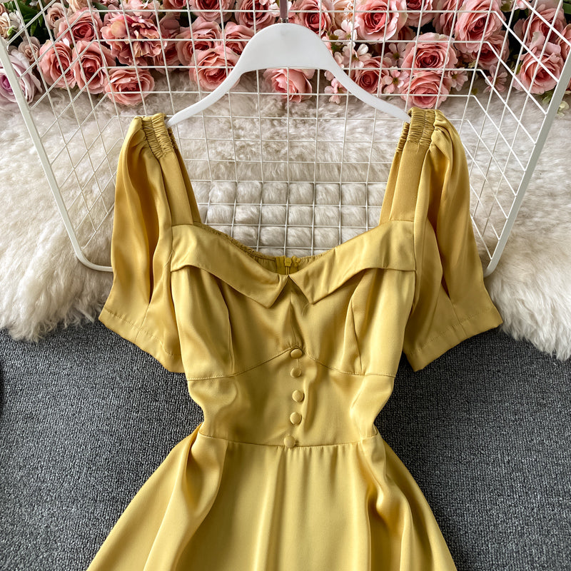 French waist closing slim bubble sleeve square neck dress 3168