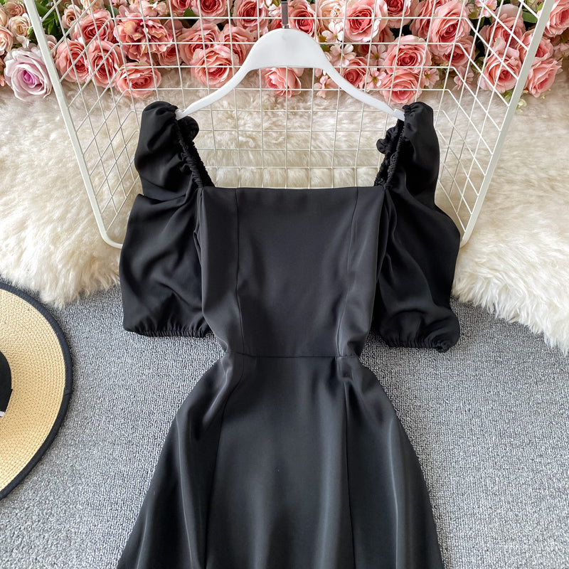 French retro square neck bubble sleeve waist slim dress 2940