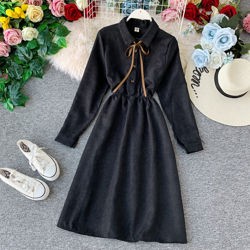 French retro super fairy waist skirt core velvet shirt dress 3401