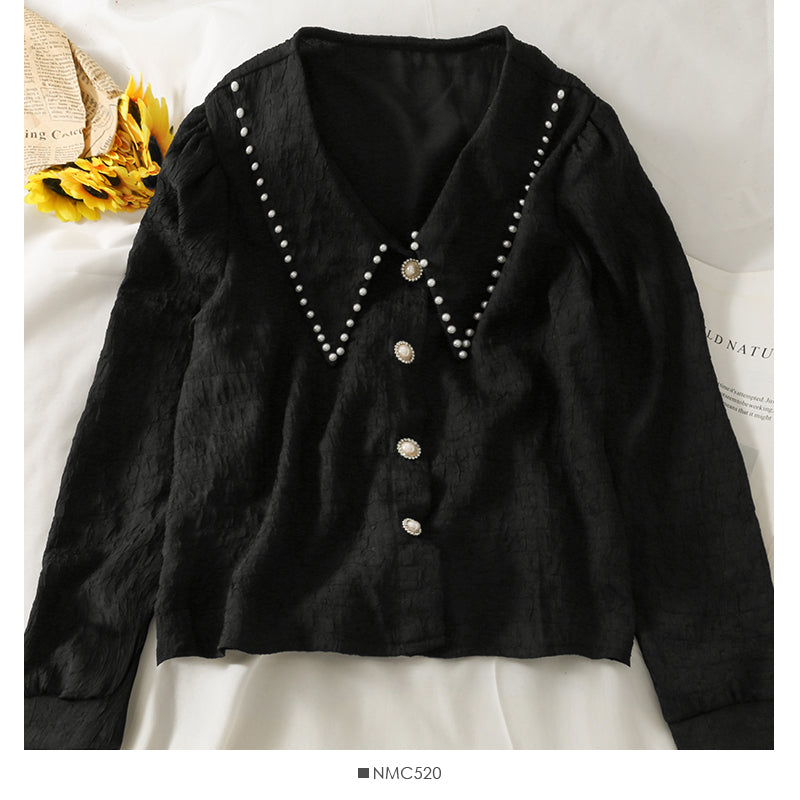 New nail bead Lapel single breasted cardigan long sleeved blouse 2101