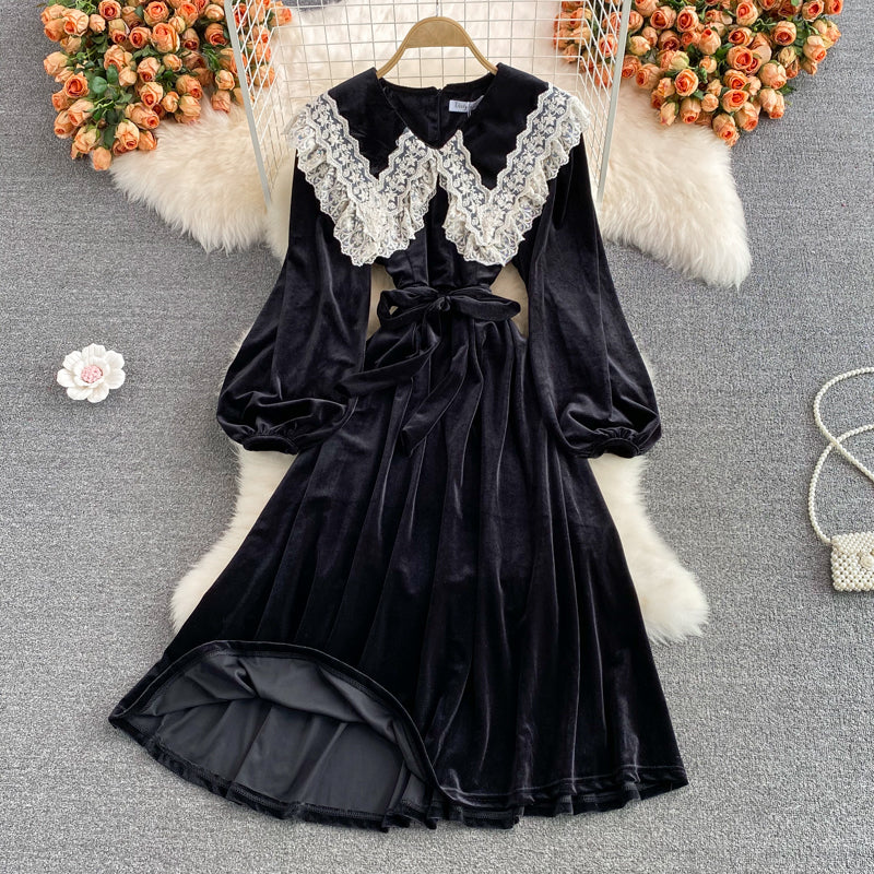 Doll neck velvet dress lace lapel 2861