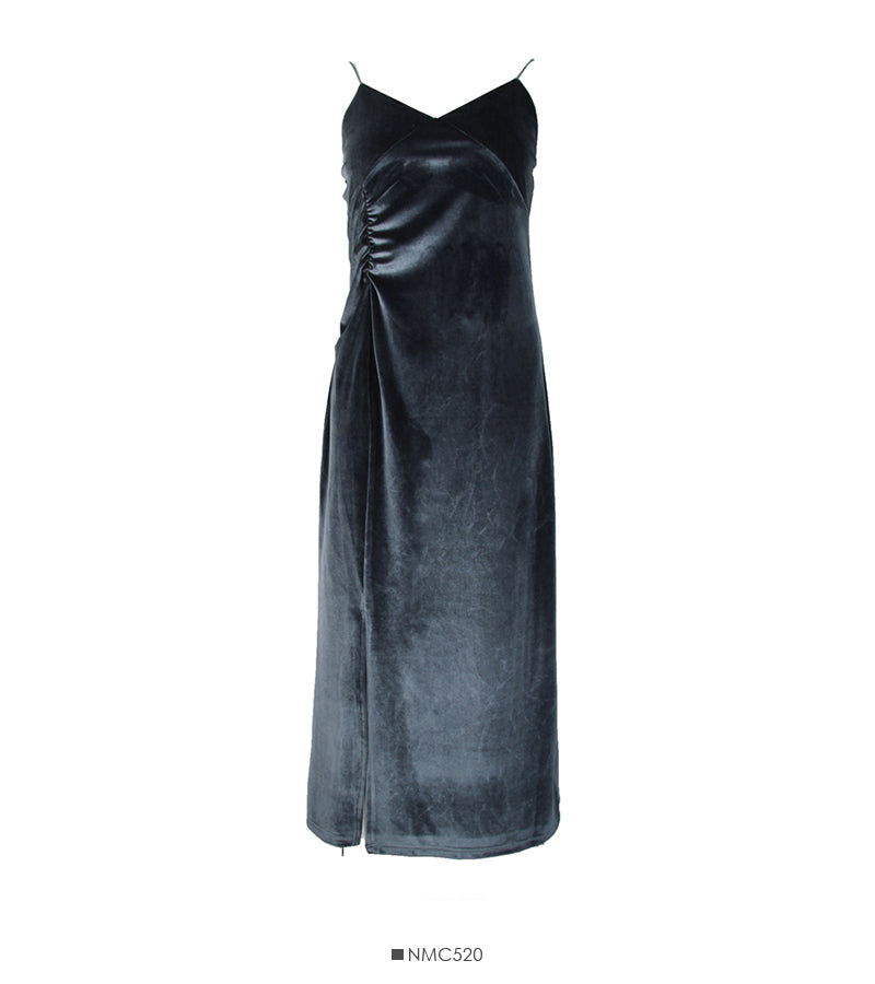 Hong Kong Style Vintage golden velvet medium and long split bottom suspender skirt 2710