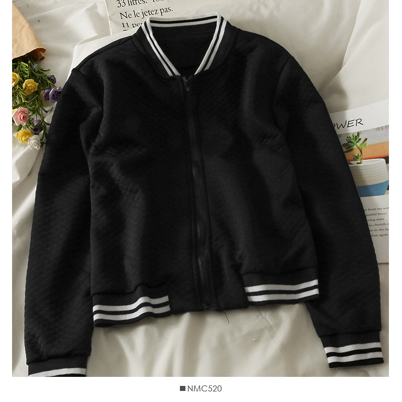 Contrast stitching Mock Neck Zip Cardigan Plaid loose top coat 2115