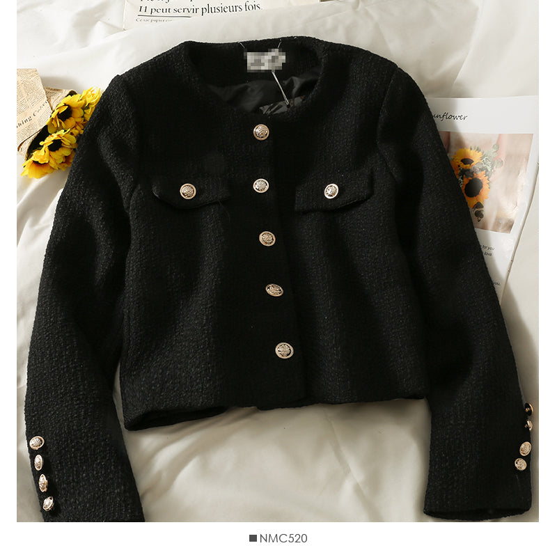 Hong Kong Style Vintage tweed round neck single breasted cardigan small coat 2108