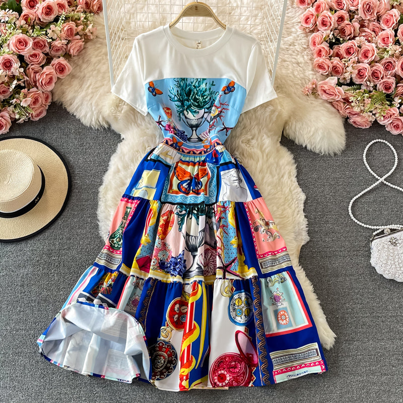 Temperament slim waist print Crew Neck Dress 2901