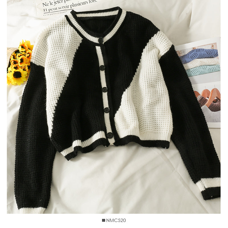 Korean contrast stitching short single breasted outer sweater 2045