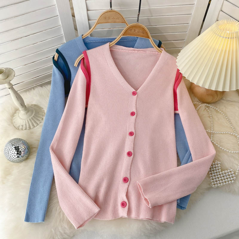 Autumn V-neck slim fit contrast color temperament sweater 1585