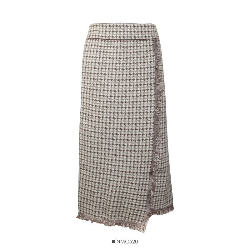 Hong Kong style retro Plaid medium length tassel high waist skirt 2611