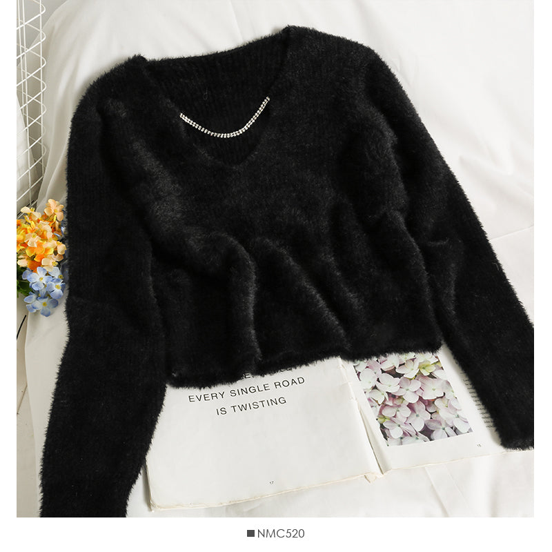 Sweater women's autumn diamond chain decorative V-Neck Sweater 1866