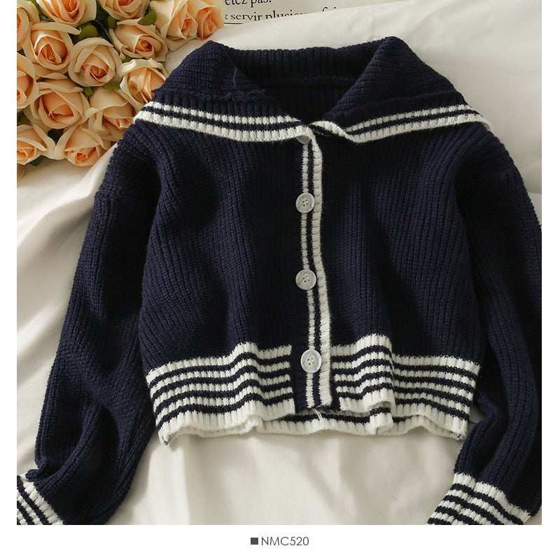 Korean stripe large lapel single breasted short cardigan sweater 2051