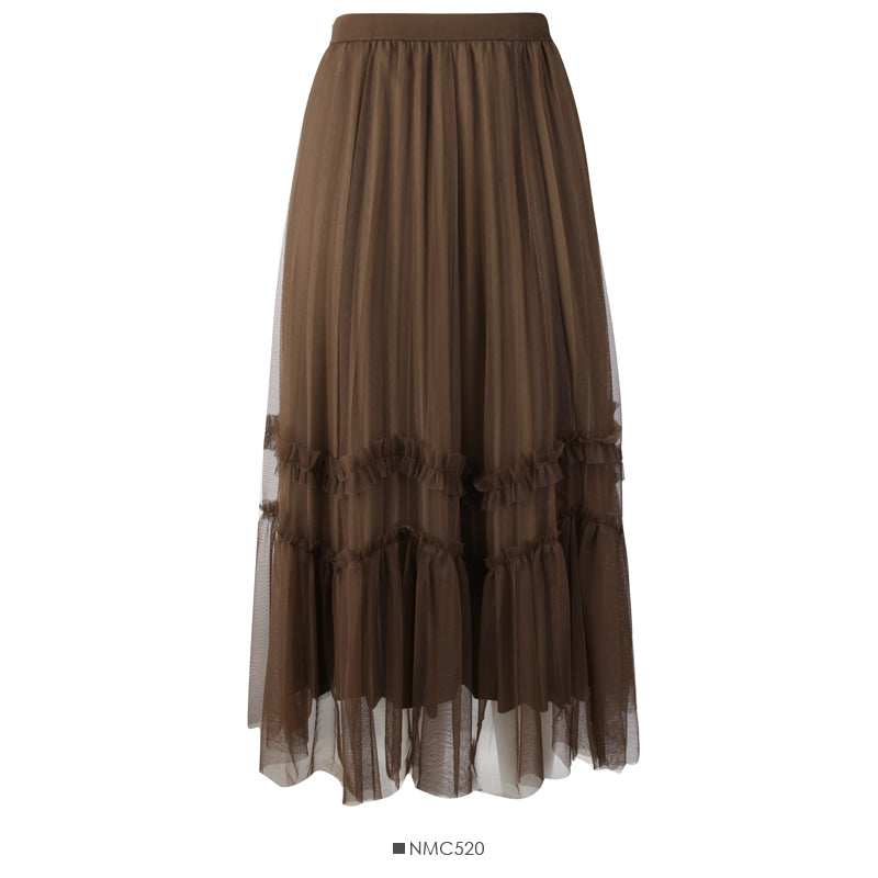 Women's medium length high waist gauze skirt with stitching 2566