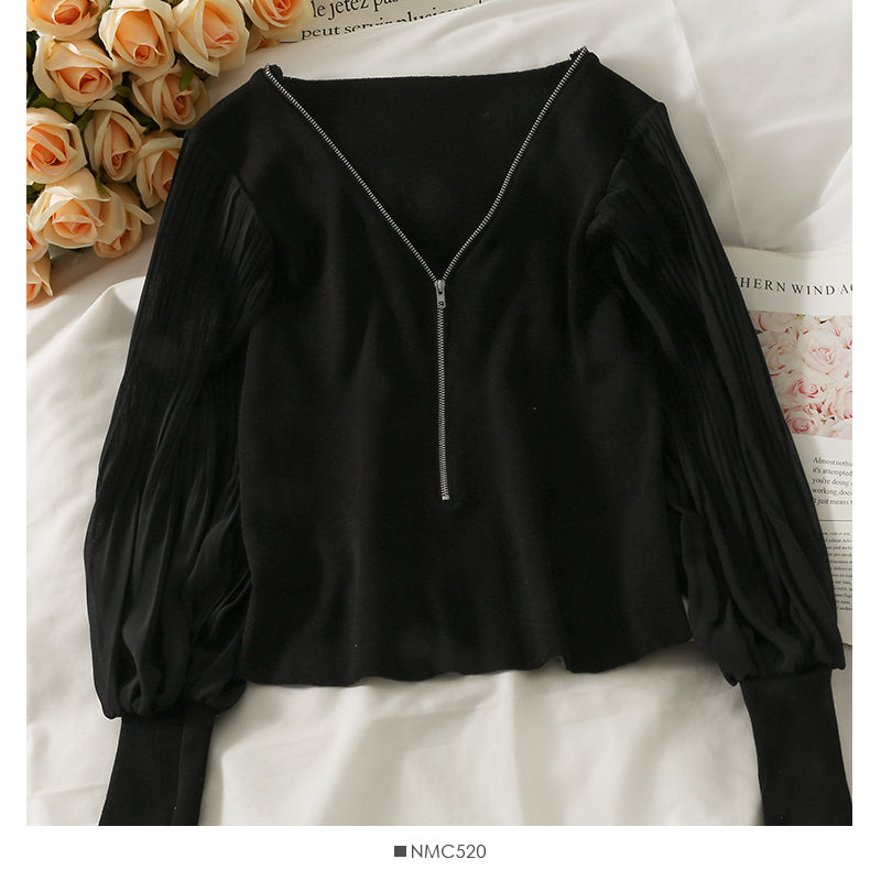 French niche low neck open collarbone zipper short T-shirt 1942