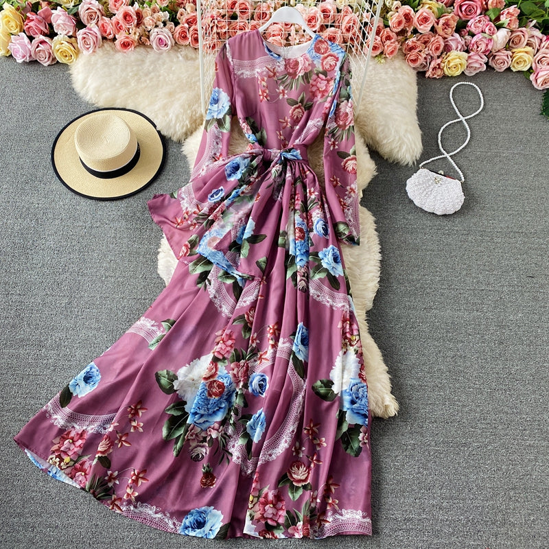 French elegant rose print Crew Neck Dress 3419