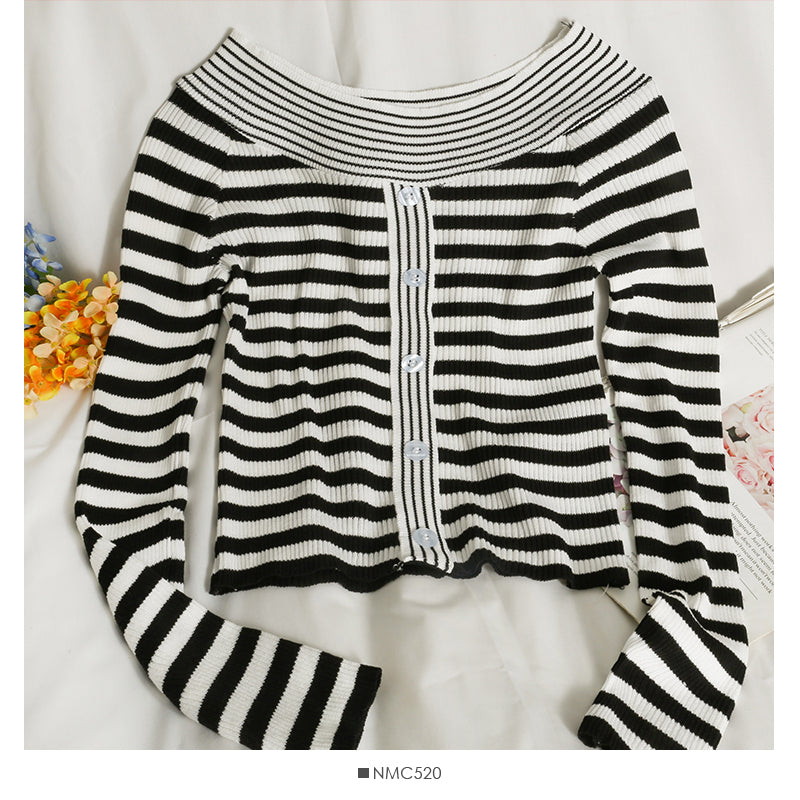 French minority design striped single breasted herringbone neck sweater 2057