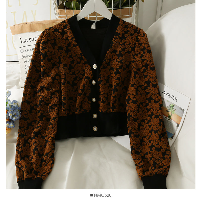 Printed single breasted sweater women's V-neck slim long sleeved sweater 1877