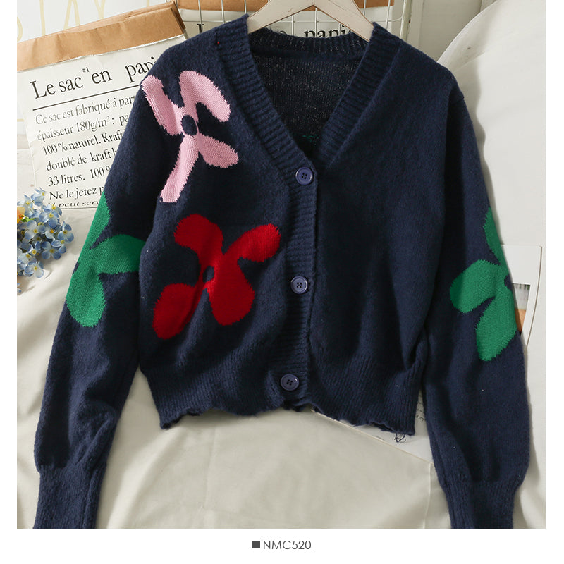 Slim low neck single breasted printed sweater women's new long sleeve versatile cardigan sweater 2082