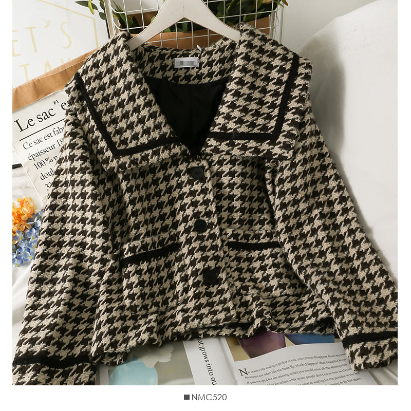 Lockerer und dünner Cardigan mit Tausend-Vogel-Karos für verdickten Mantel im Herbst und Winter 2091