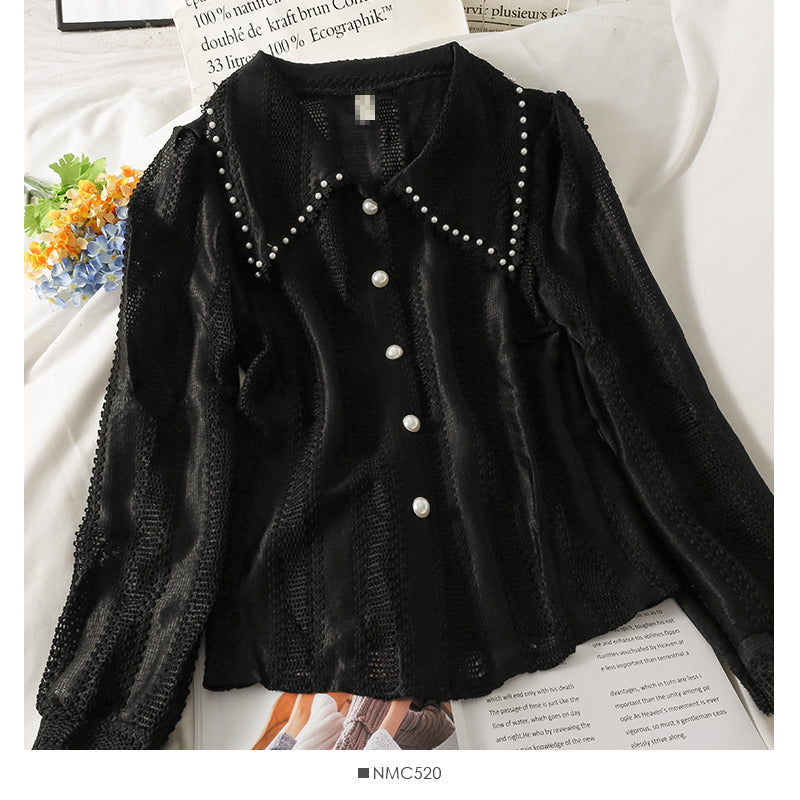 Micro transparent single breasted cardigan long sleeve top women's new style 2106