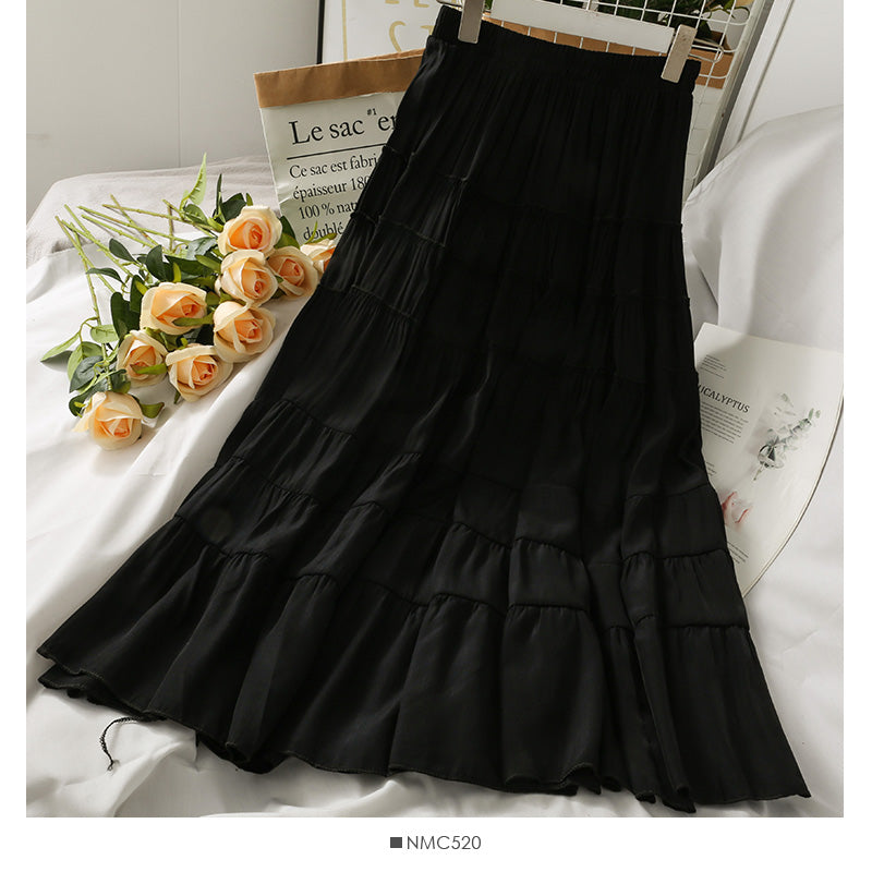 Solid color stitched medium length foreign style skirt 2501