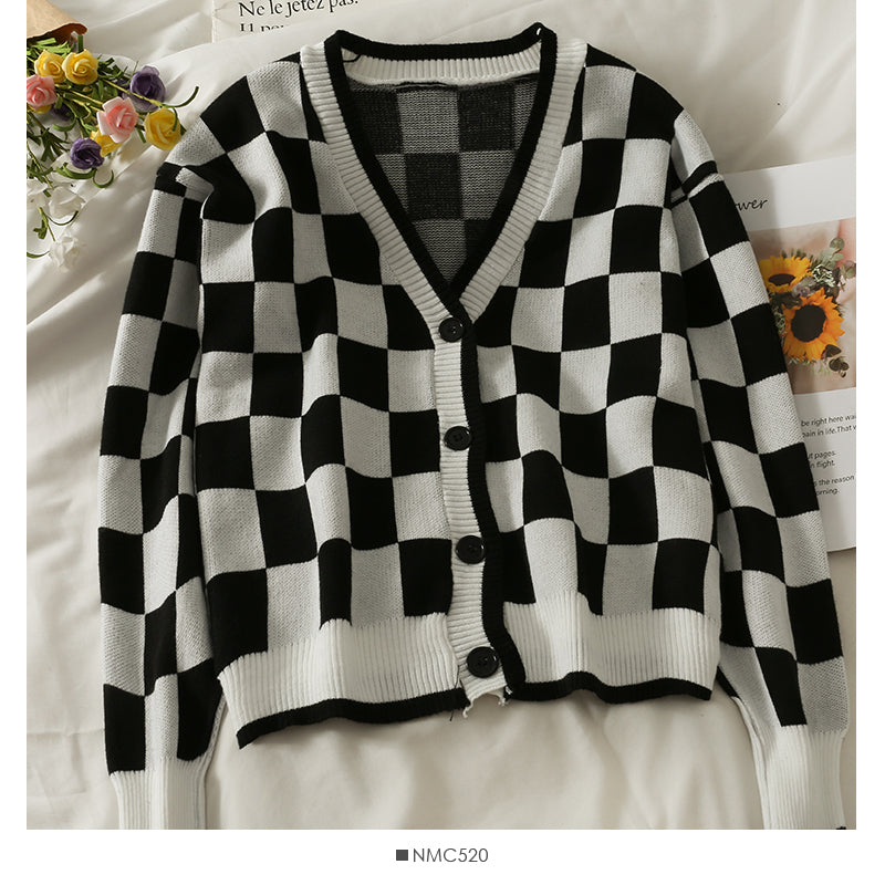 Color blocking Plaid low collar single breasted long sleeved top women's thin cardigan long sleeved sweater 1986