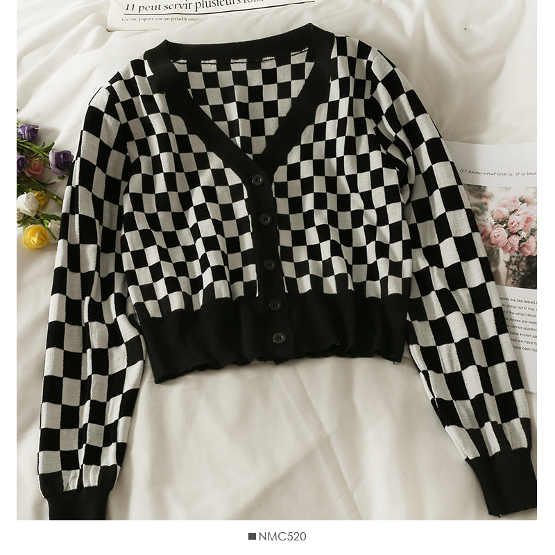 Plaid short single breasted long sleeved cardigan 1855