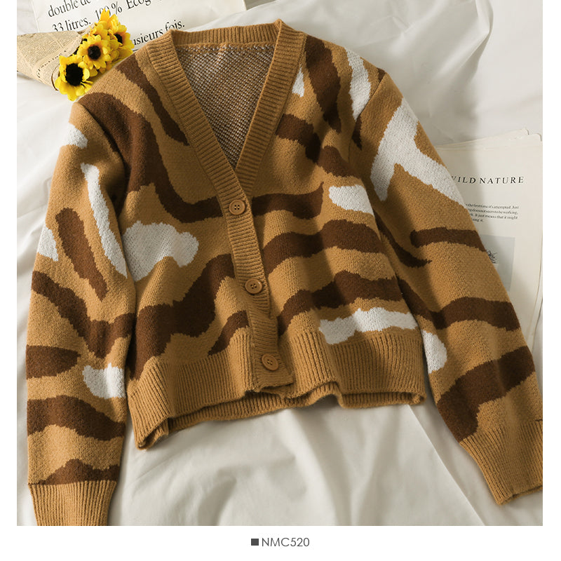 New leopard print short single breasted long sleeved cardigan 1851