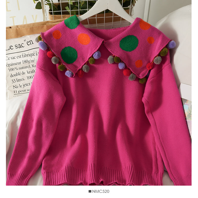 Versatile wool ball decorative doll neck long sleeve women's sweater 1930