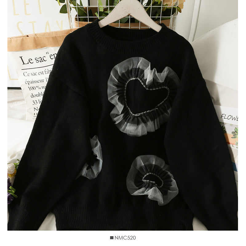 Mesh stitched heart-shaped loose thin medium length sweater for women 1959