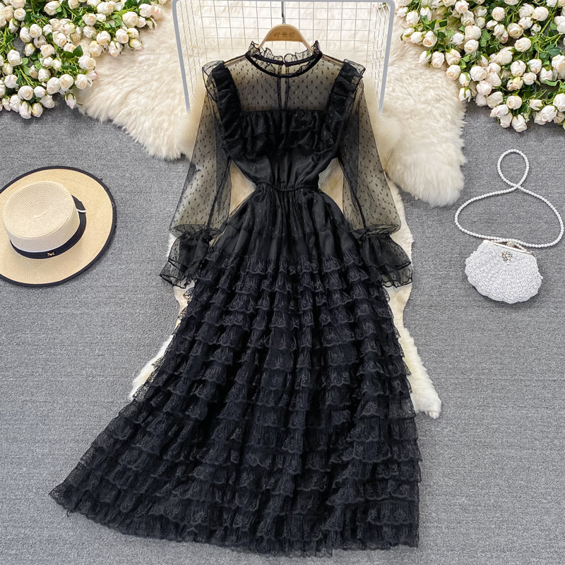 Light extravagant cake skirt stand collar flare sleeve mesh awning skirt 3020