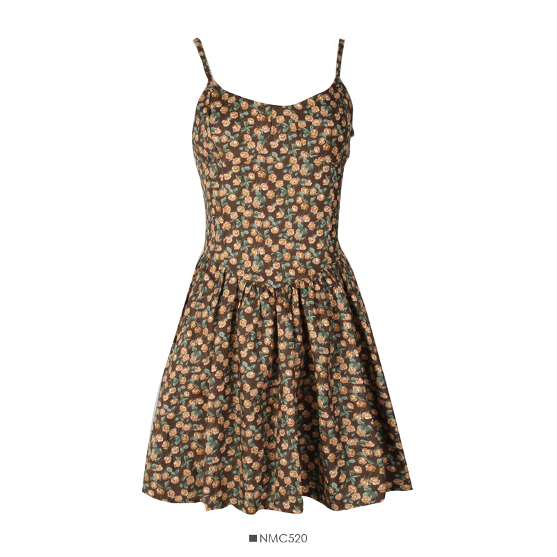 Retro broken flowers show thin waist, high waist suspender skirt, female 2692