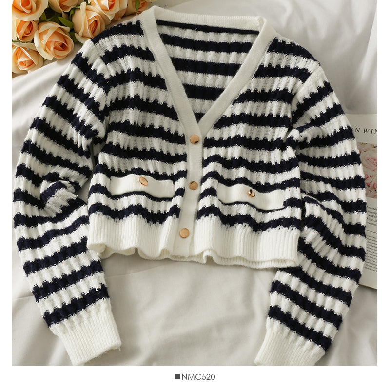 Striped loose thin single breasted cardigan long sleeved sweater 1850