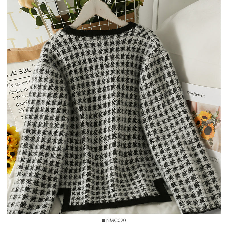 Pullover Damen Herbst und Winter kariert lockere und dünne Strickjacke mit langen Ärmeln 2075