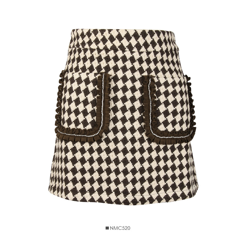 Koreanischer Retro-Color-Blocking-Plaid mit hoher Taille, schlanker und vielseitiger Rock in A-Linie 2629