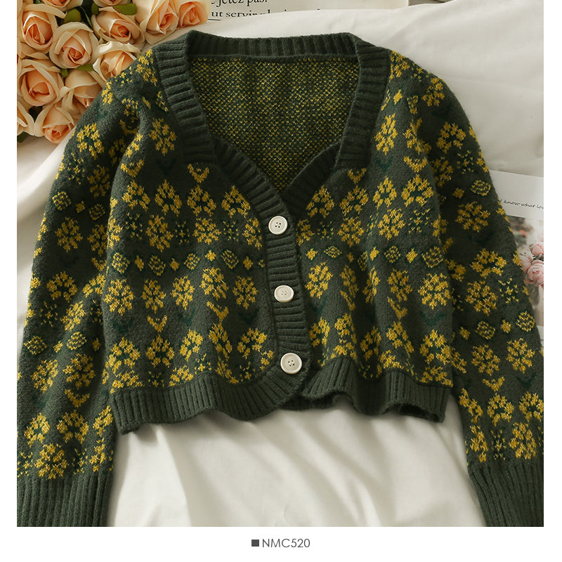 Sweater women's Vintage printed low neck single breasted cardigan top 1836