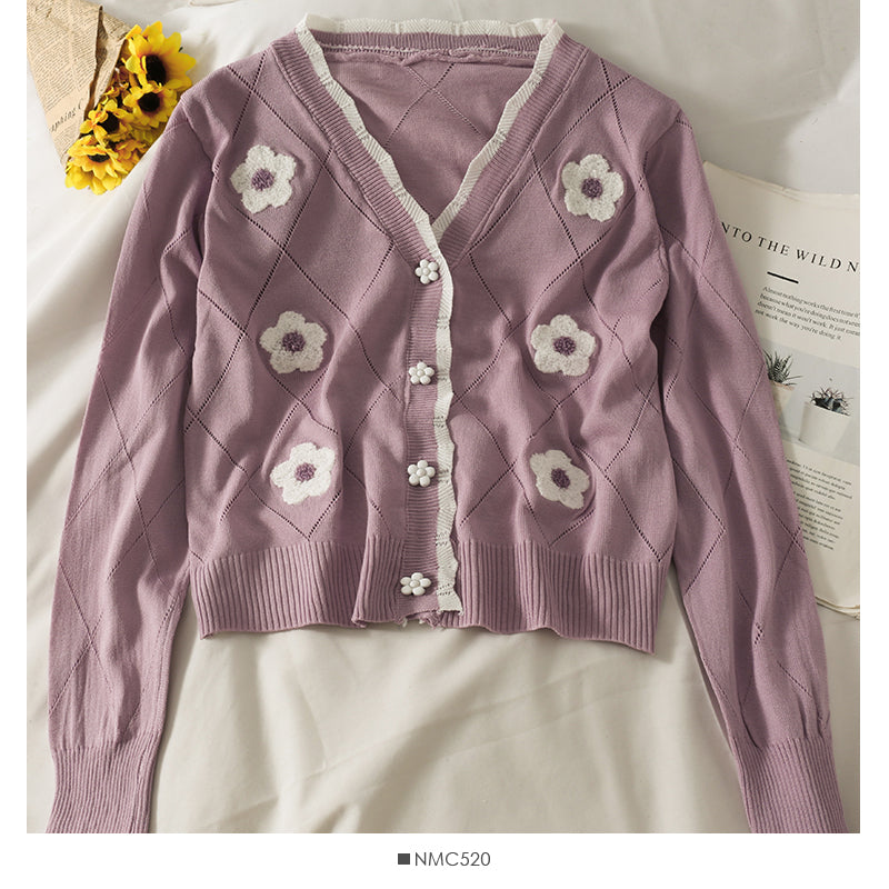 Sweet wind color blocking wavy edge stripe breasted cardigan top 1821