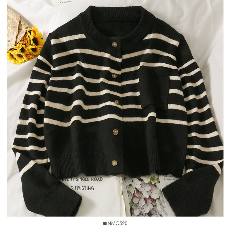 Stripe short loose thin single breasted cardigan women's sweater 2006