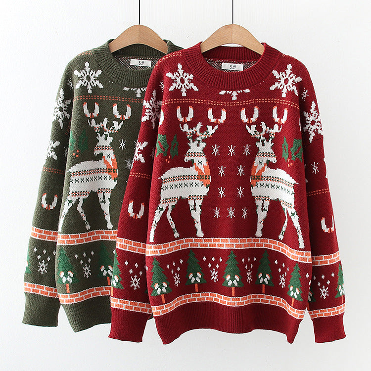 Christmas snowflake deer jacquard knit, fall/winter round neck loose bottom sweater, pullover sweater 1415