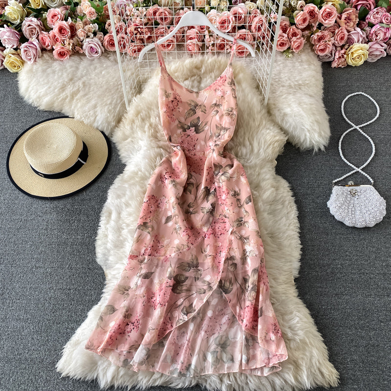 Split Pink Floral Chiffon Dress with irregular ruffles 3426