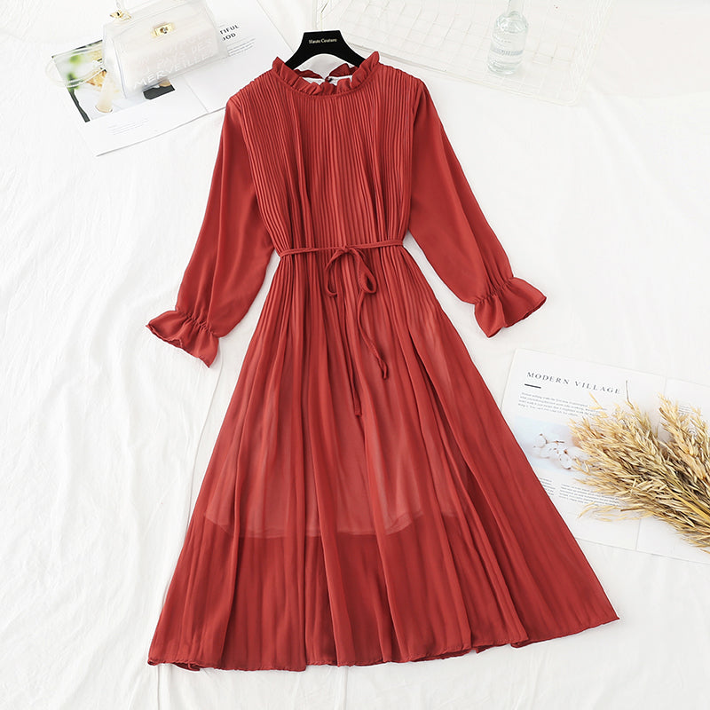 Wave point dress new autumn and winter dress French retro broken flower chiffon long skirt 2128