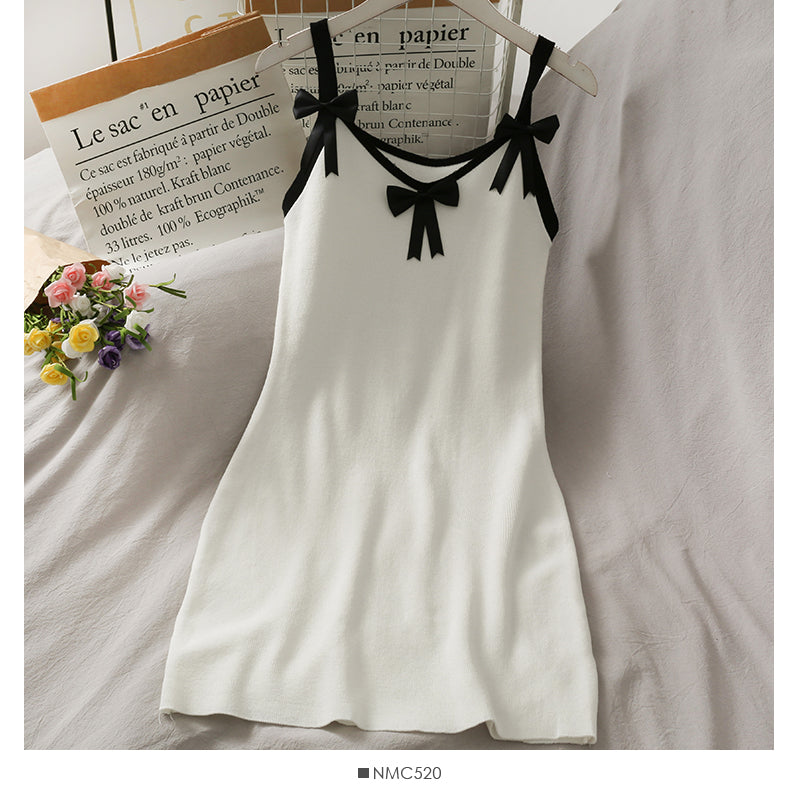 Women's spliced bow low neck open back knitted suspender skirt 2674