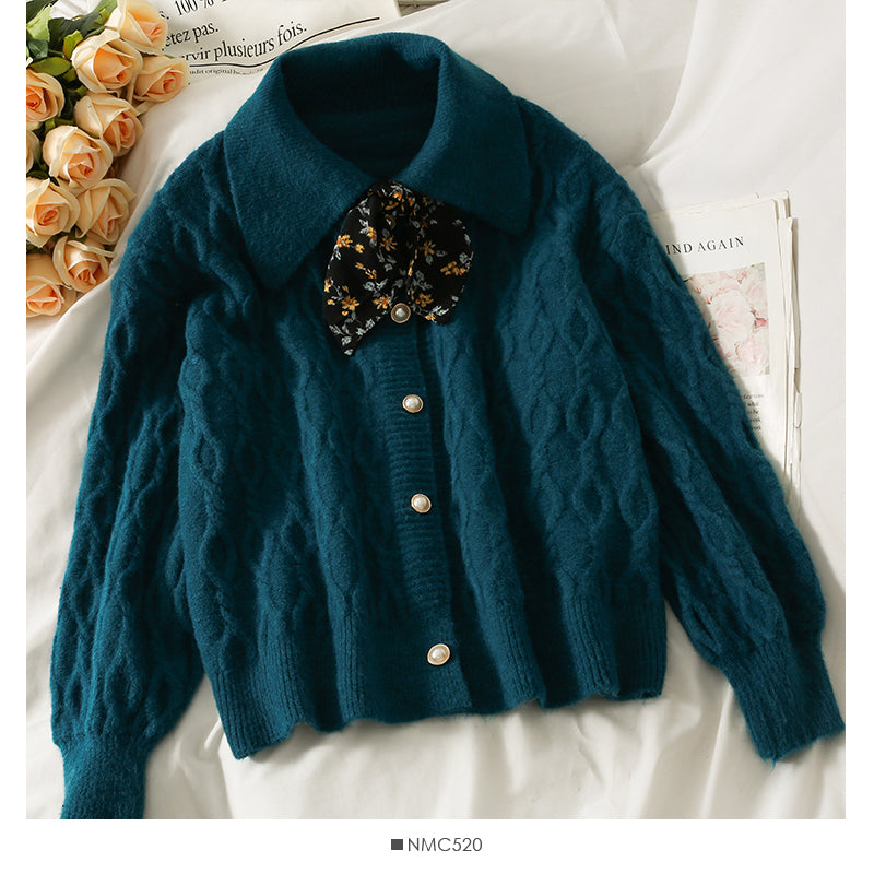 Sweater female autumn dress broken flower BOW TIE LAPEL 1792